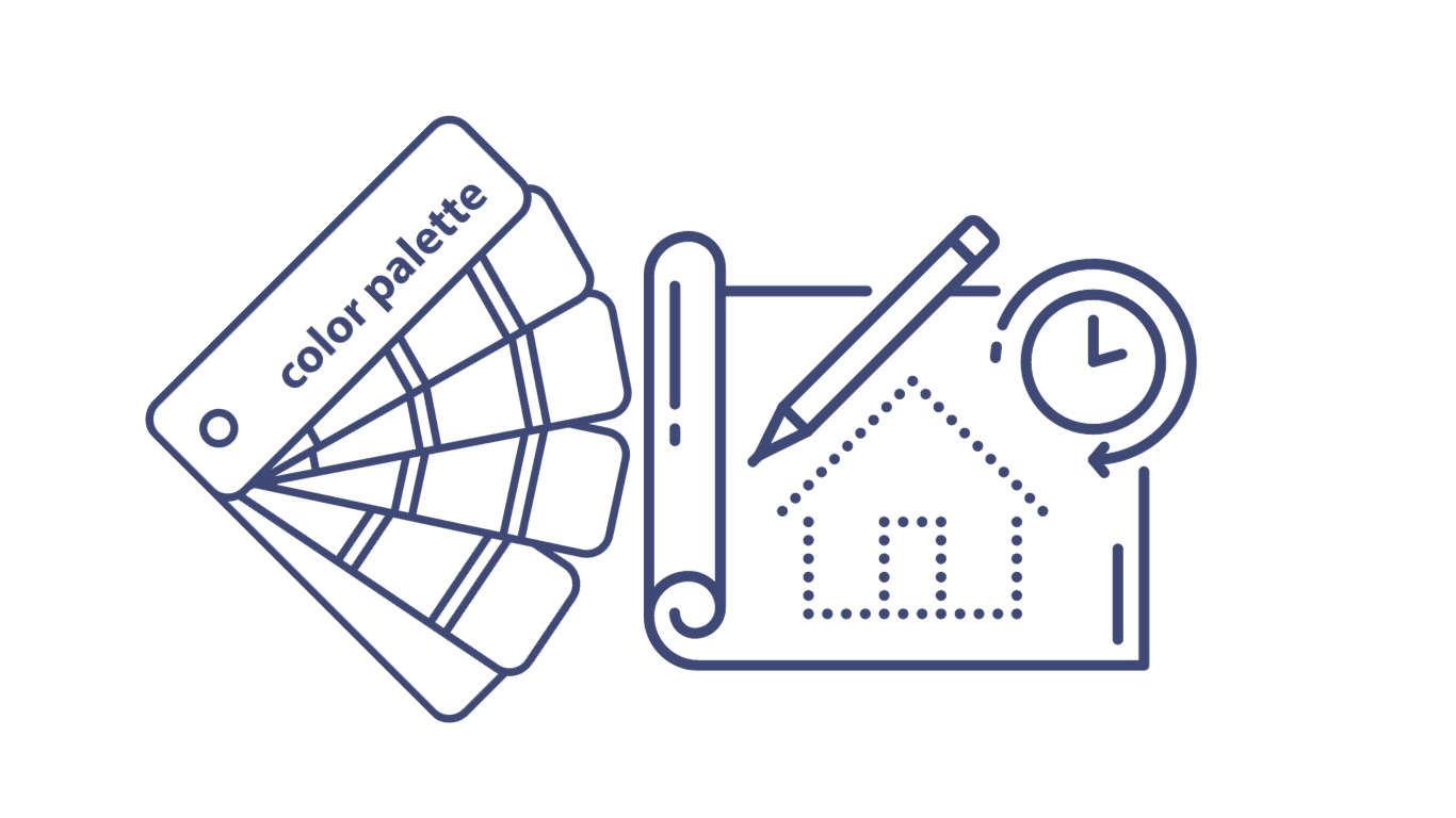Color palette with house blueprint, pencil, and clock icon