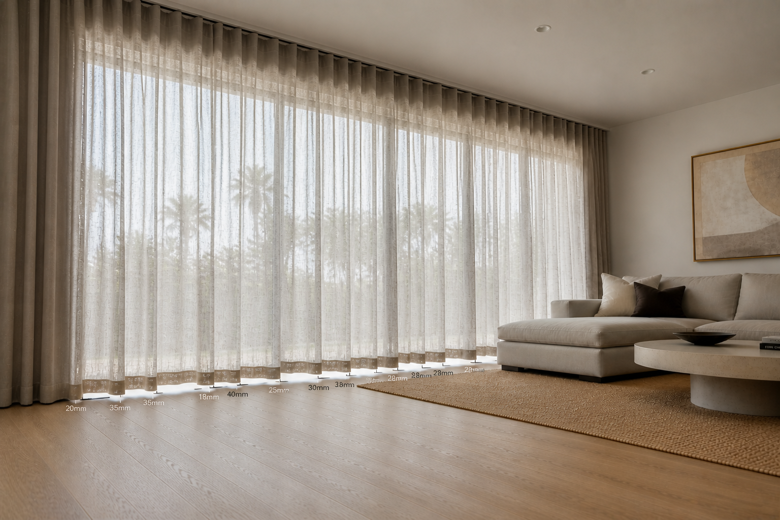 Sheer linen curtains hanging unevenly across a wide window run, showing inconsistent fabric tolerance in custom curtain installation
