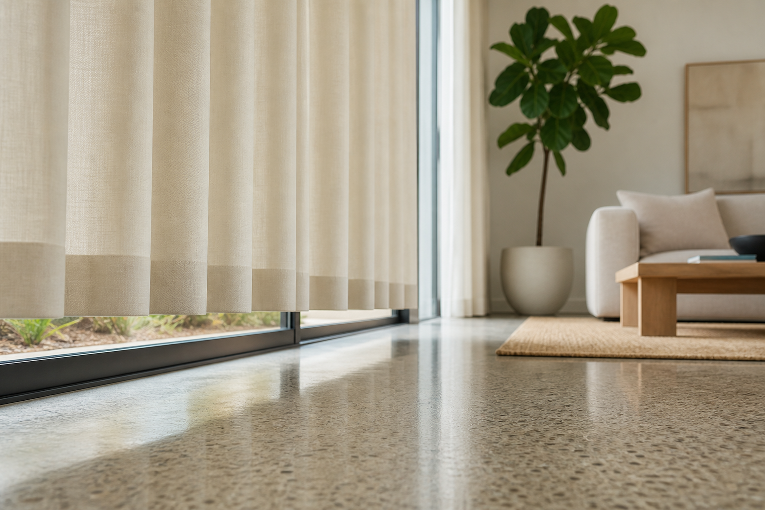 Custom curtains hanging too short above a concrete floor, illustrating fabric shrinkage from poor tolerance specification