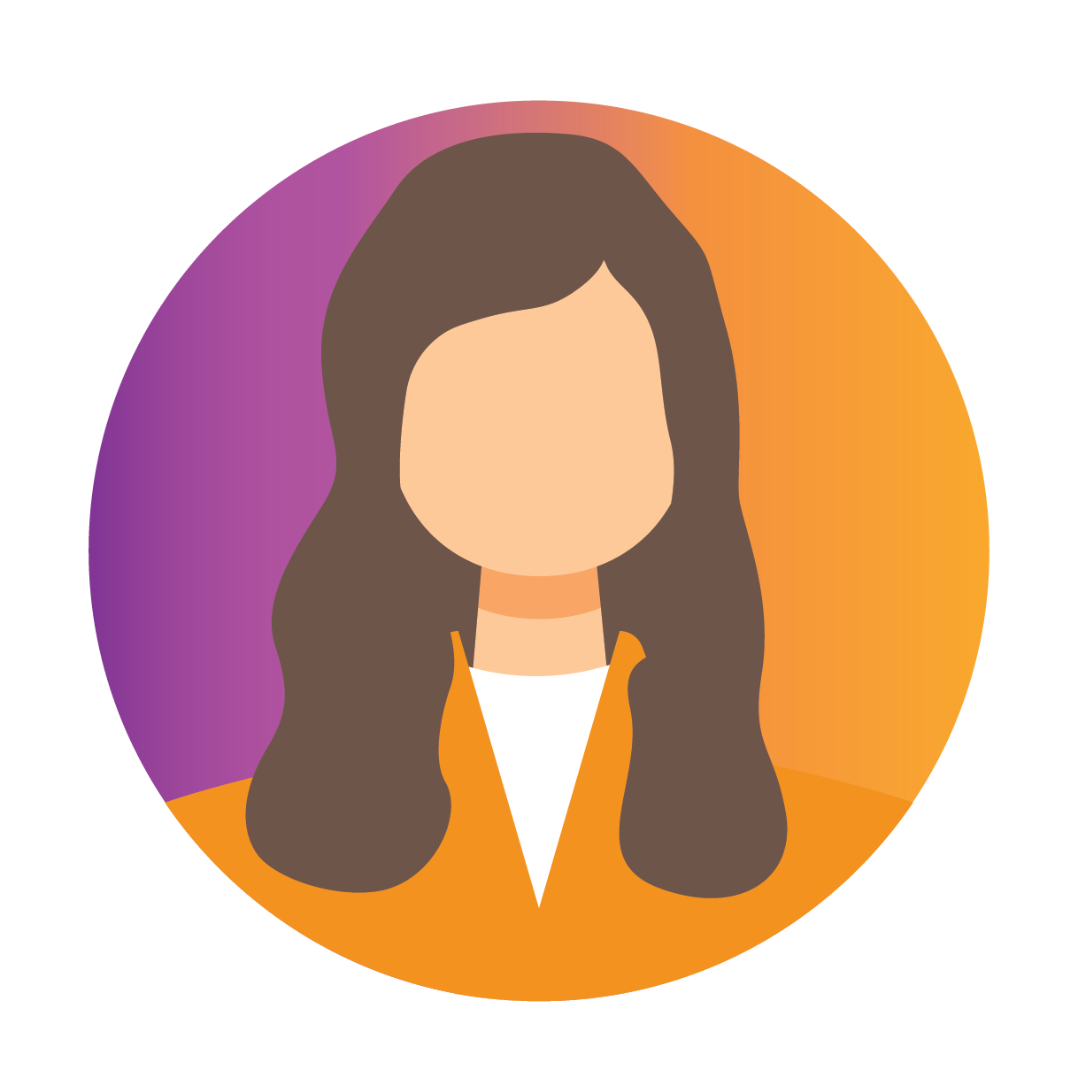 Digital avatar of a woman with long brown hair, wearing an orange jacket over a white shirt, with a background featuring purple and orange gradient circles.