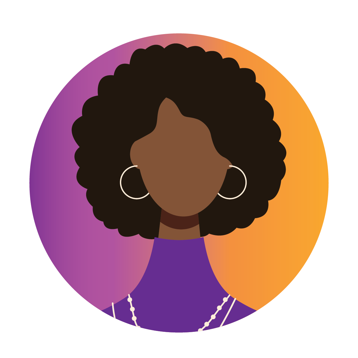 Digital illustration of a woman with dark brown skin and curly hair, wearing hoop earrings and a purple top, with a background featuring a gradient from purple to orange.
