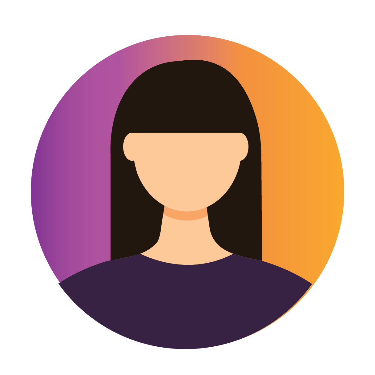 Digital avatar of a woman with long dark hair, wearing a dark purple top, with a purple and orange gradient circular background.