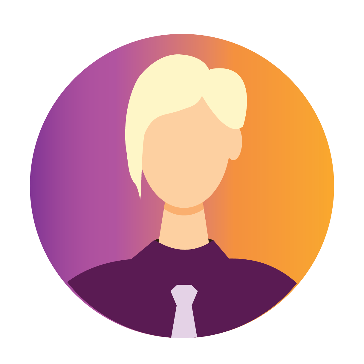 Digital illustration of a faceless woman with short blonde hair, wearing a dark purple shirt and a white tie, against a background split between purple and orange shades.