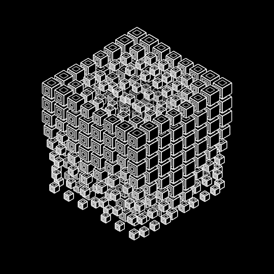 3D illustration of a cube composed of smaller interconnected cubes with various patterns on their faces, set against a black background.