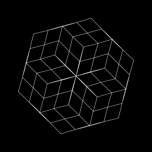 A wireframe 3D cube with smaller cubes inside, shown from an angled perspective on a black background.