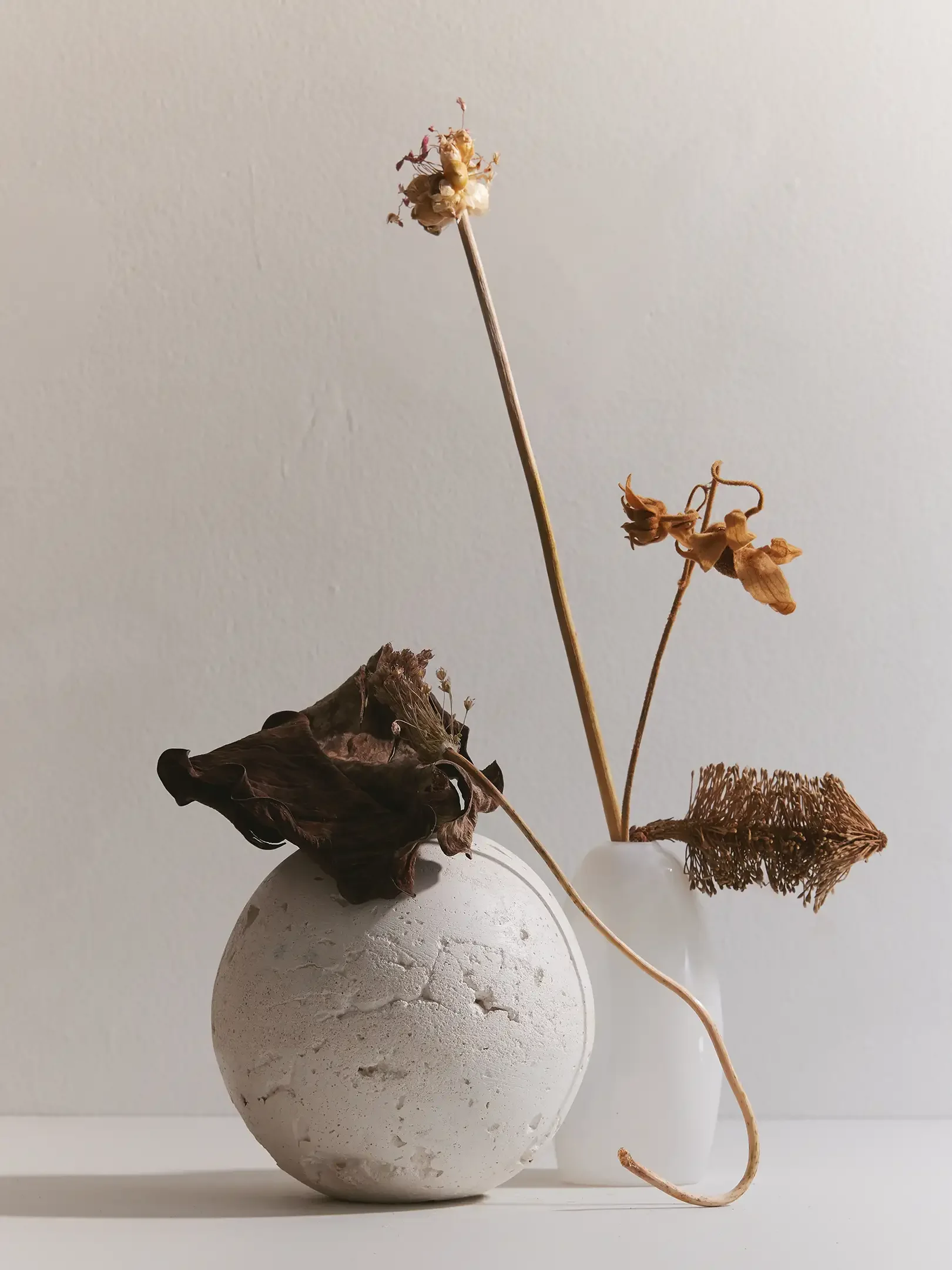 A minimalist still life of dried flowers and a large round stone vase against a plain background.