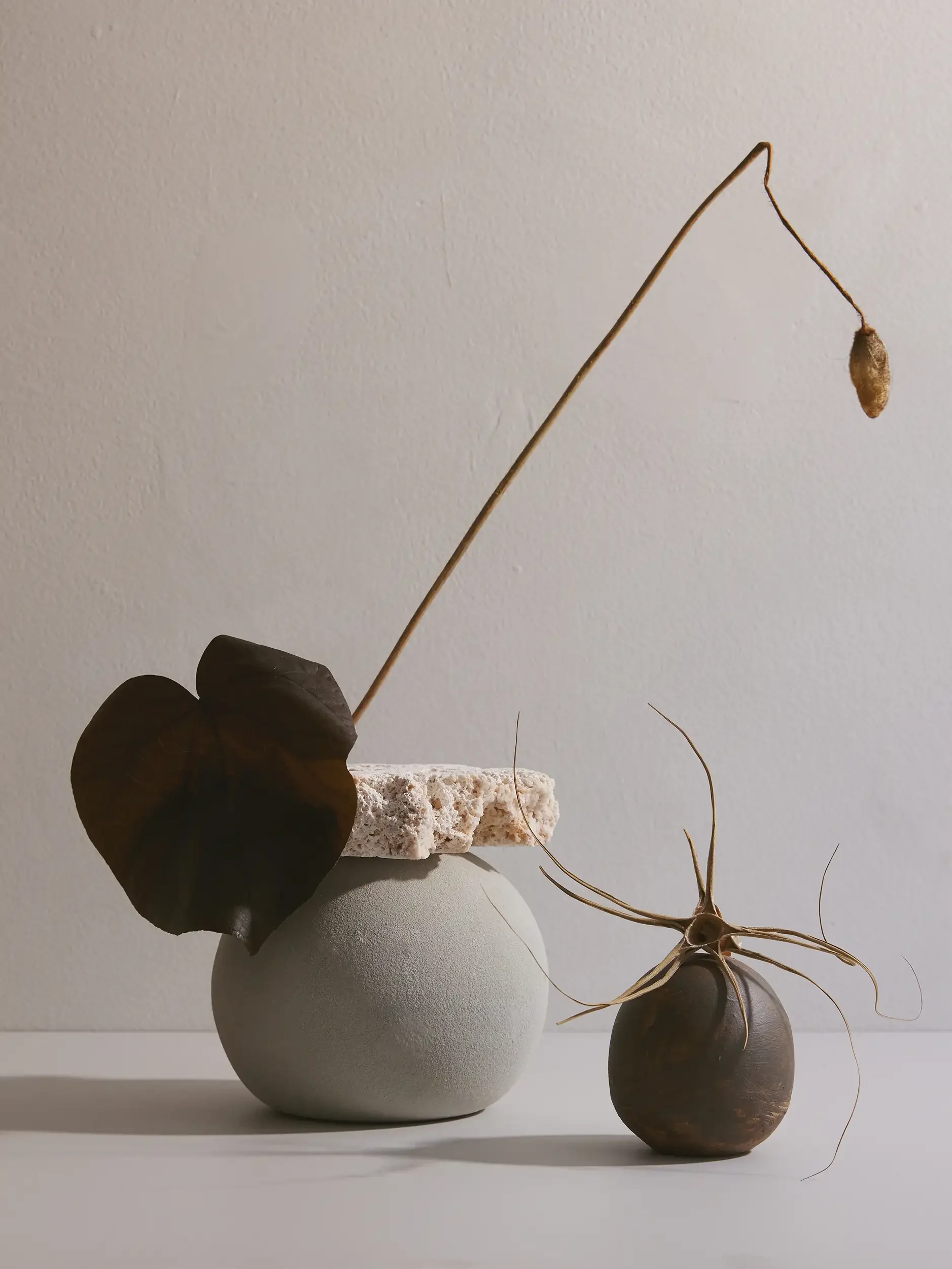 A minimalist still life arrangement featuring a white round vase with dark leaf, a white sphere, a black round vase, a white textured rectangular block, a dried plant with a seed pod, and thin twigs on a white surface against a neutral background.
