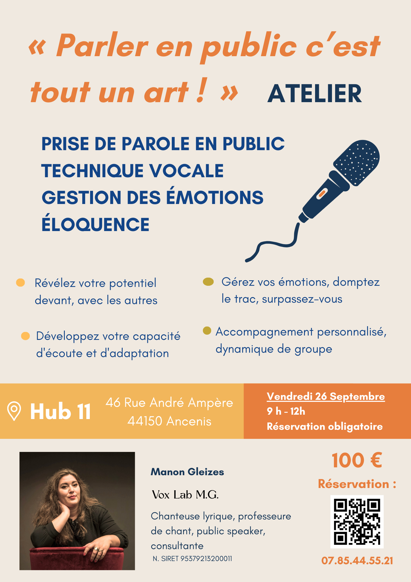 Affiche annonçant un atelier sur la prise de parole en public, avec un micro illustré, détails de l'événement comprenant l'adresse, la date, l'heure, le prix, une photo de Manon Gleizes, et un QR code.