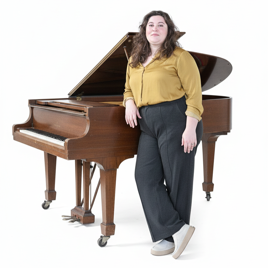 Manon Gleizes est une chanteuse lyrique adossée à un piano Pleyel
