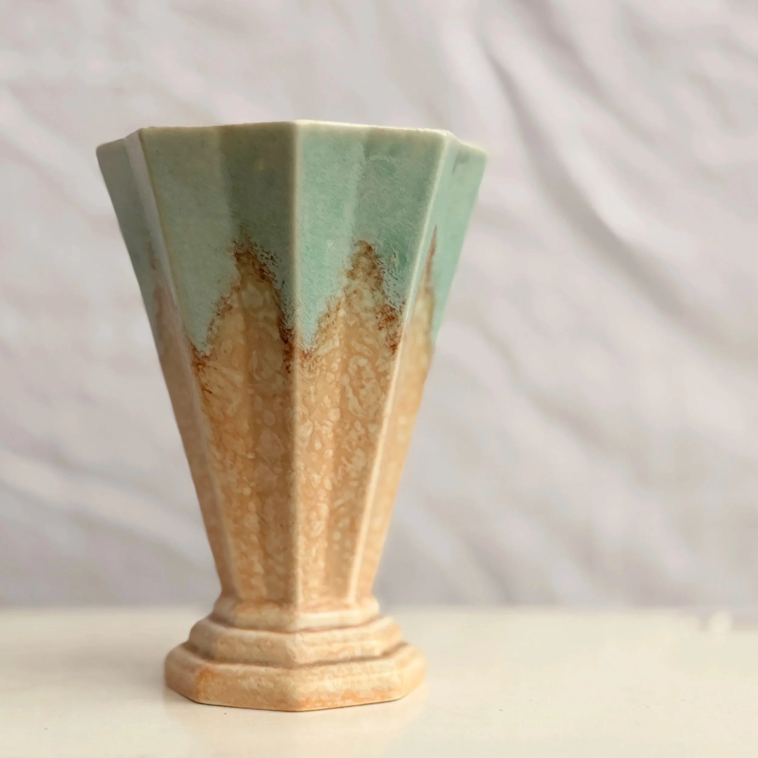 Front view of a vintage Crown Devon Art Deco vase with clean geometric lines.