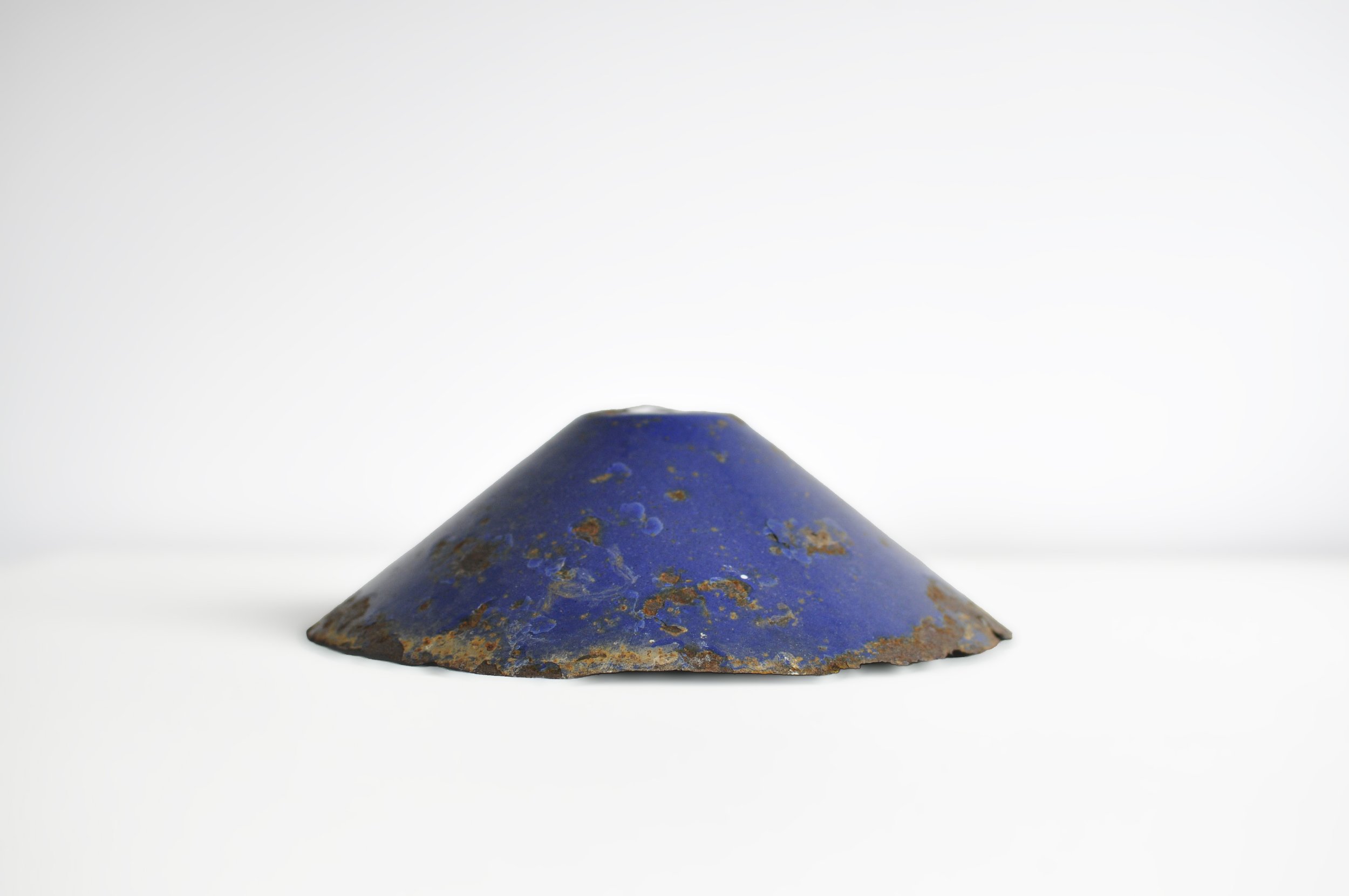 Vintage 1930s cobalt blue industrial enamel lampshade with rust patina.