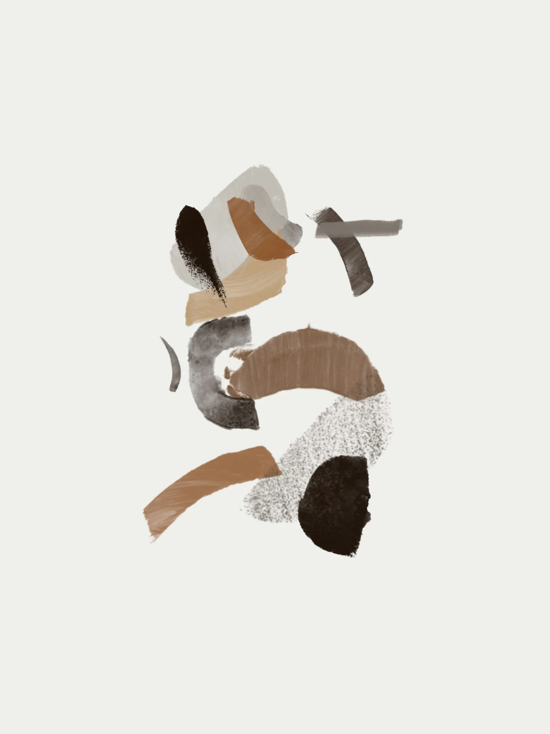 Abstract digital painting with brown, black, gray, white, and beige brushstrokes on a light background.