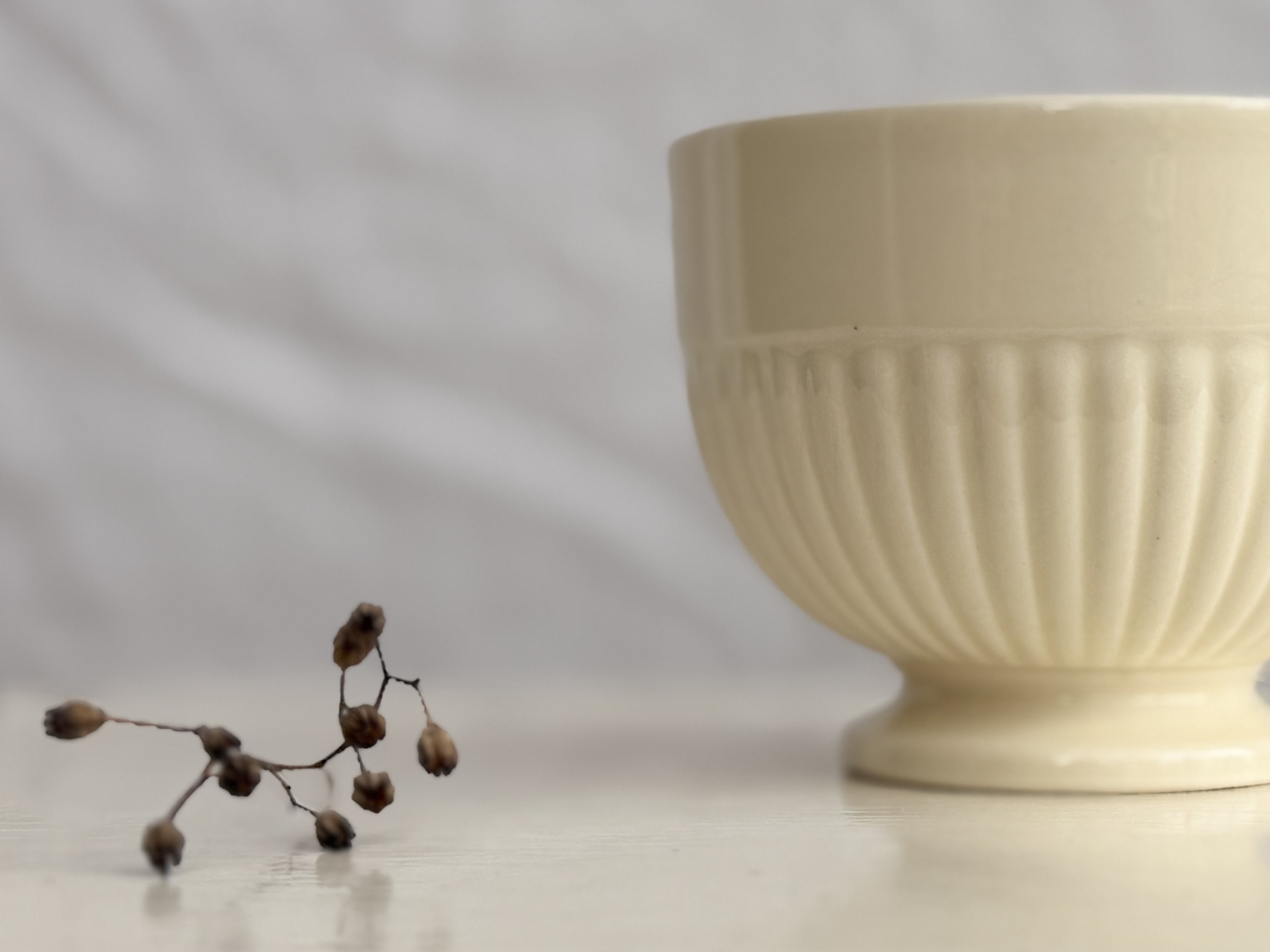 A side profile of the Wedgwood Edme sugar bowl highlighting its pedestal base.