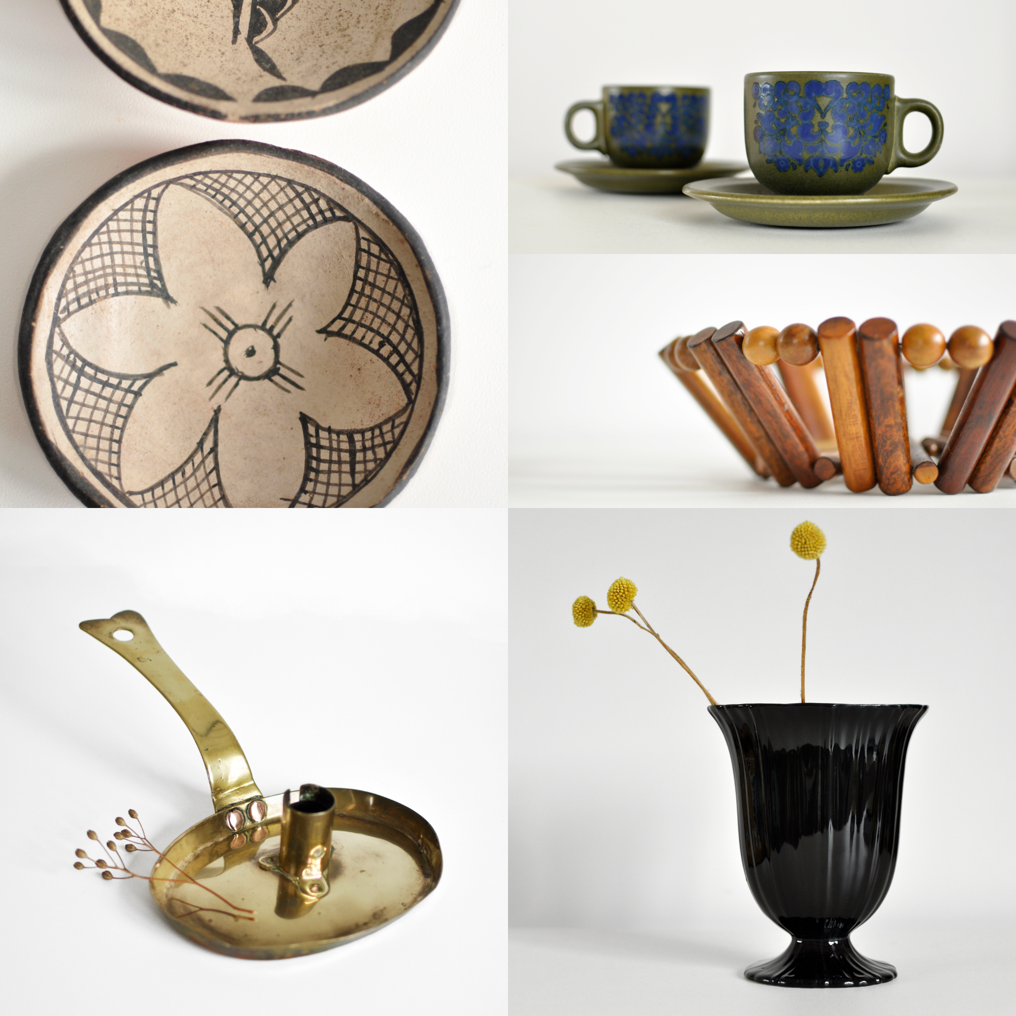 A collage of six images featuring various vintage and decorative objects including a flower-etched ceramic bowl, two decorative cups with matching saucers, a wooden bead bracelet, a brass-colored metal object, a black vase with yellow ball flowers, and a round wall hanging with a silhouette of a person.