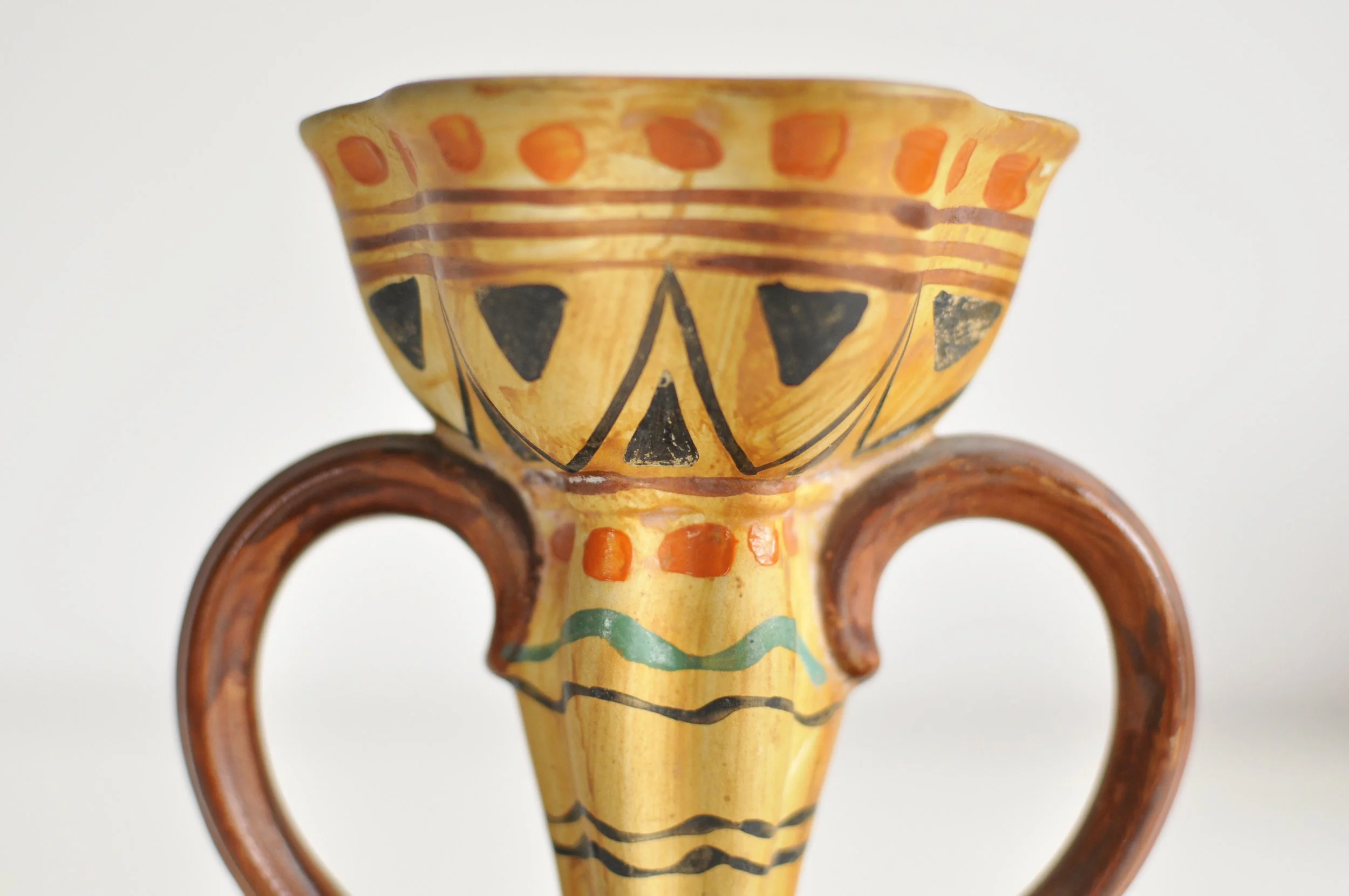Frederick Hurten Rhead era hand-painted teal and ochre candleholder.