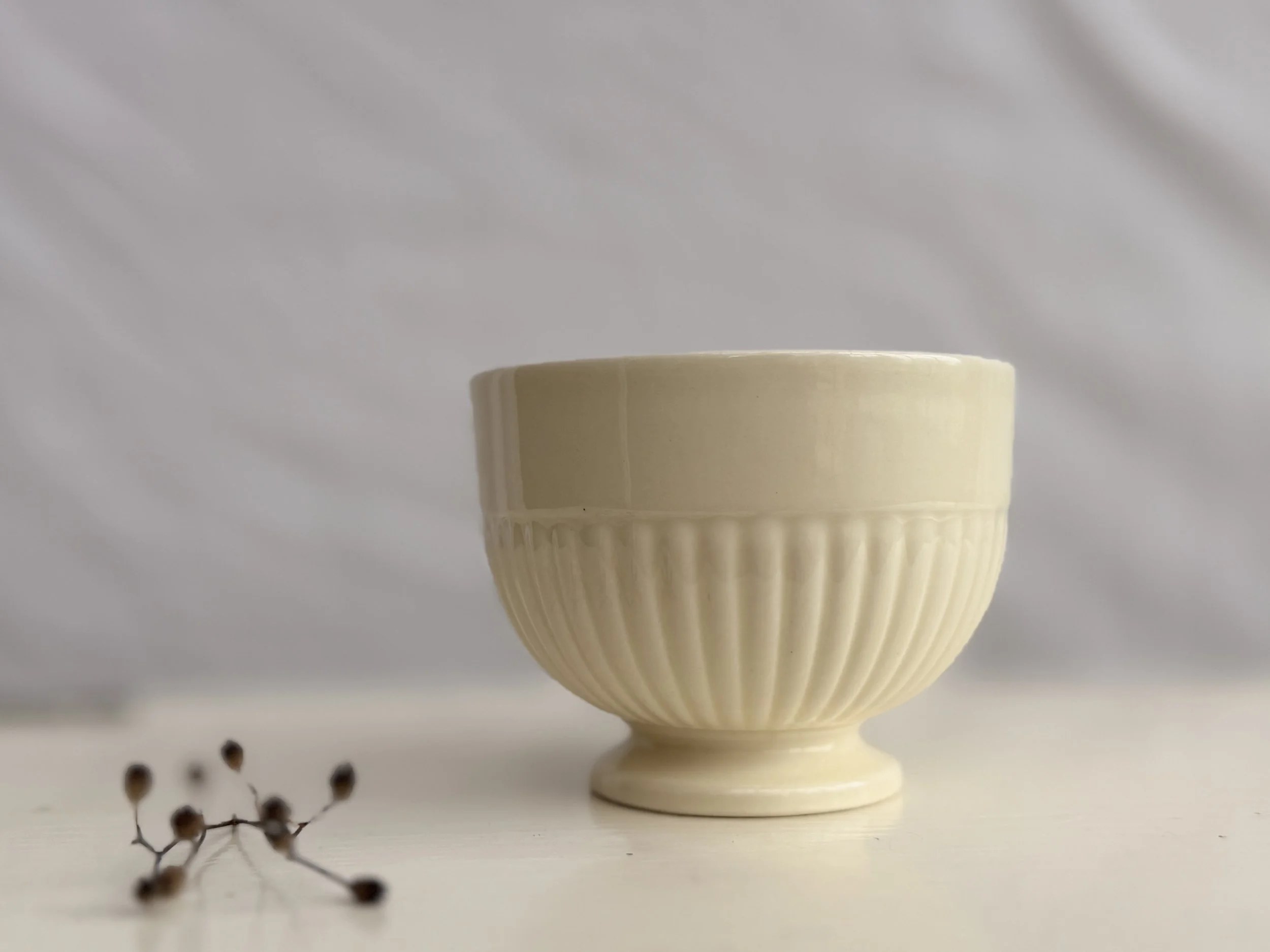 A classic Wedgwood Edme sugar bowl in a soft cream glaze with a ribbed texture.