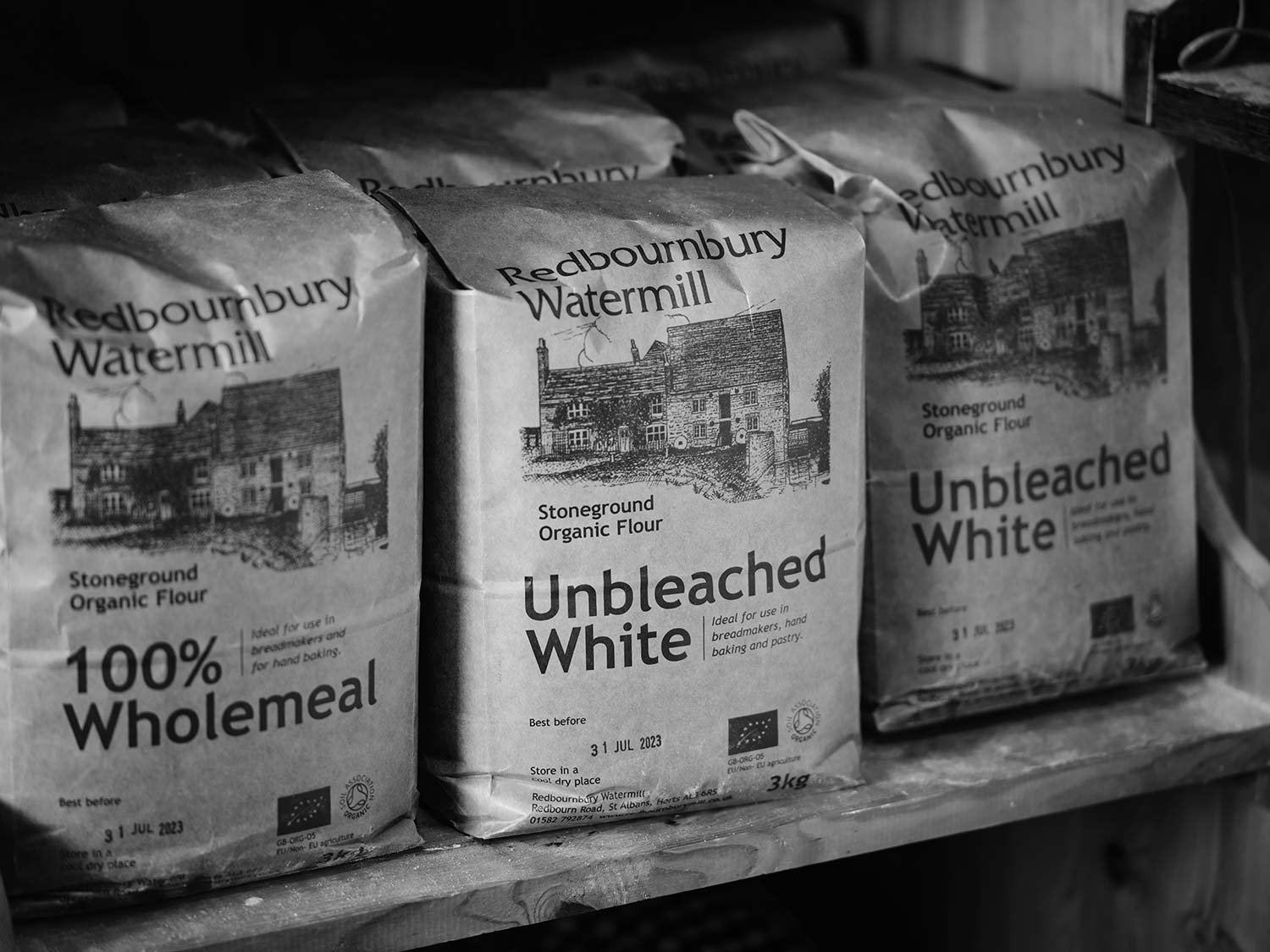 Bags of flour on shelf