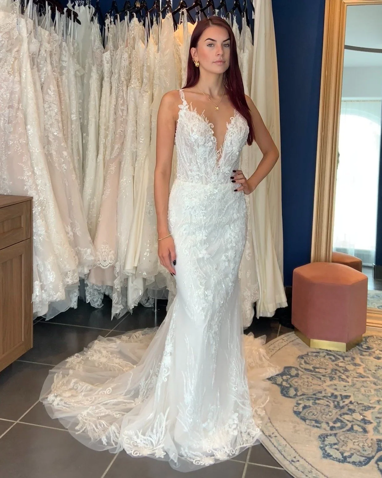 Serving sheer drama and lace perfection! This is how you own the aisle ✨

Daphne is bringing all the feels with her beaded embroidered appliques and deep plunge neckline....and the back? Well you may just have to see her in person to see how sultry t