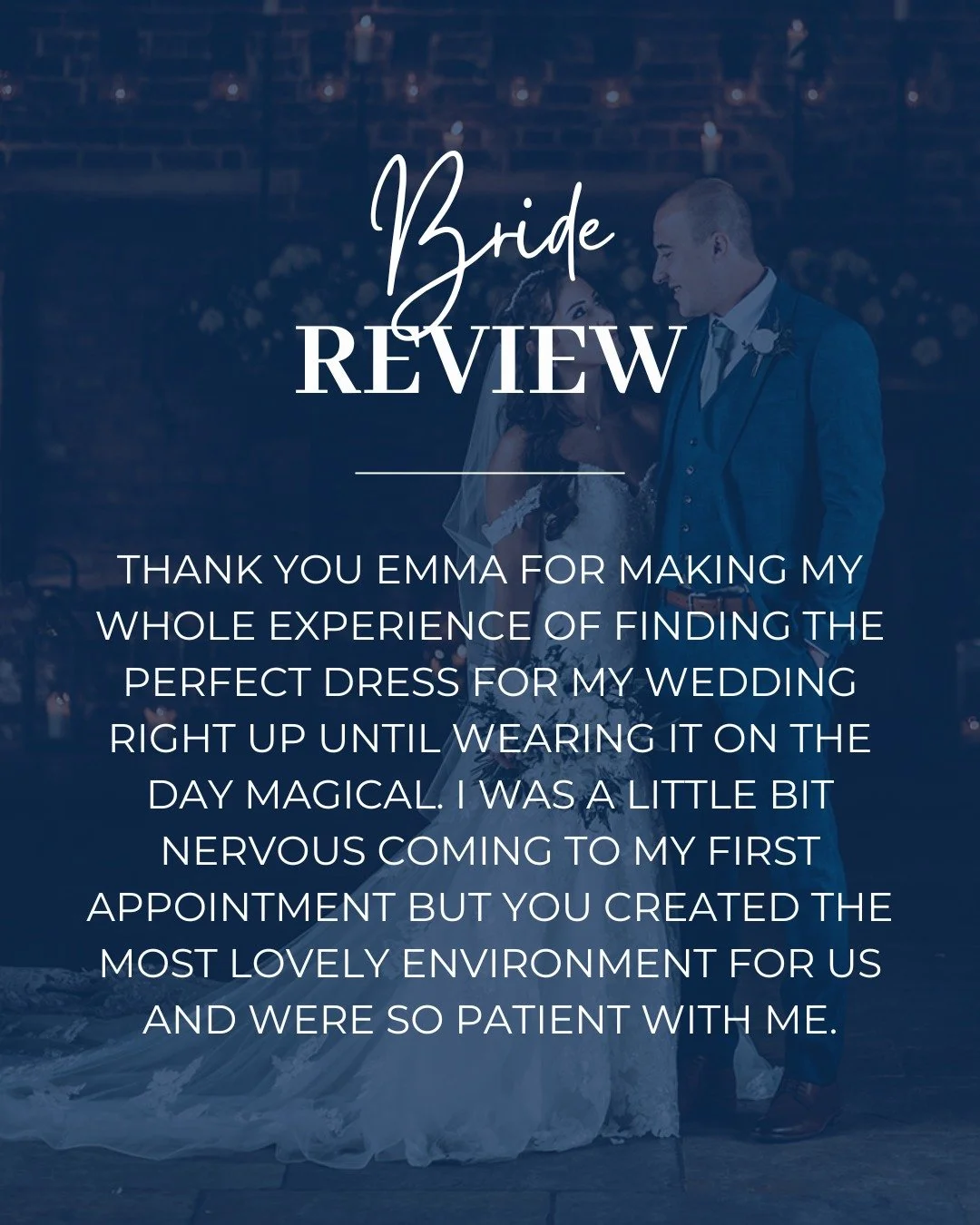 ✨ Review ✨

"Thank you Emma for making my whole experience of finding the perfect dress for my wedding right up until wearing it on the day magical. I was a little bit nervous coming to my first appointment but you created the most lovely enviro