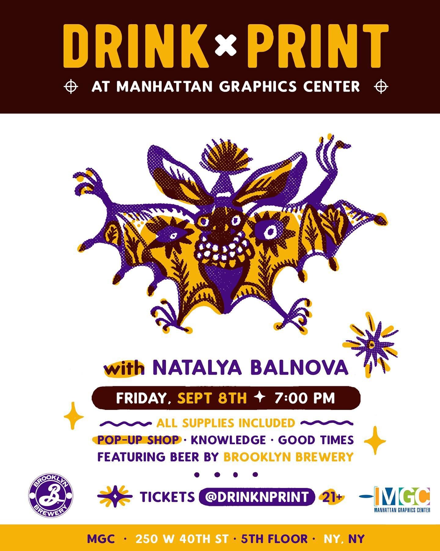 We are thrilled to be back in a print shop with our friends at @manhattangraphicscenter hosting us for our next event // Friday, September 8th with featured artist @natalya_balnova !

TICKET SALES ARE NOW LIVE!

Natalya is an award winning illustrato