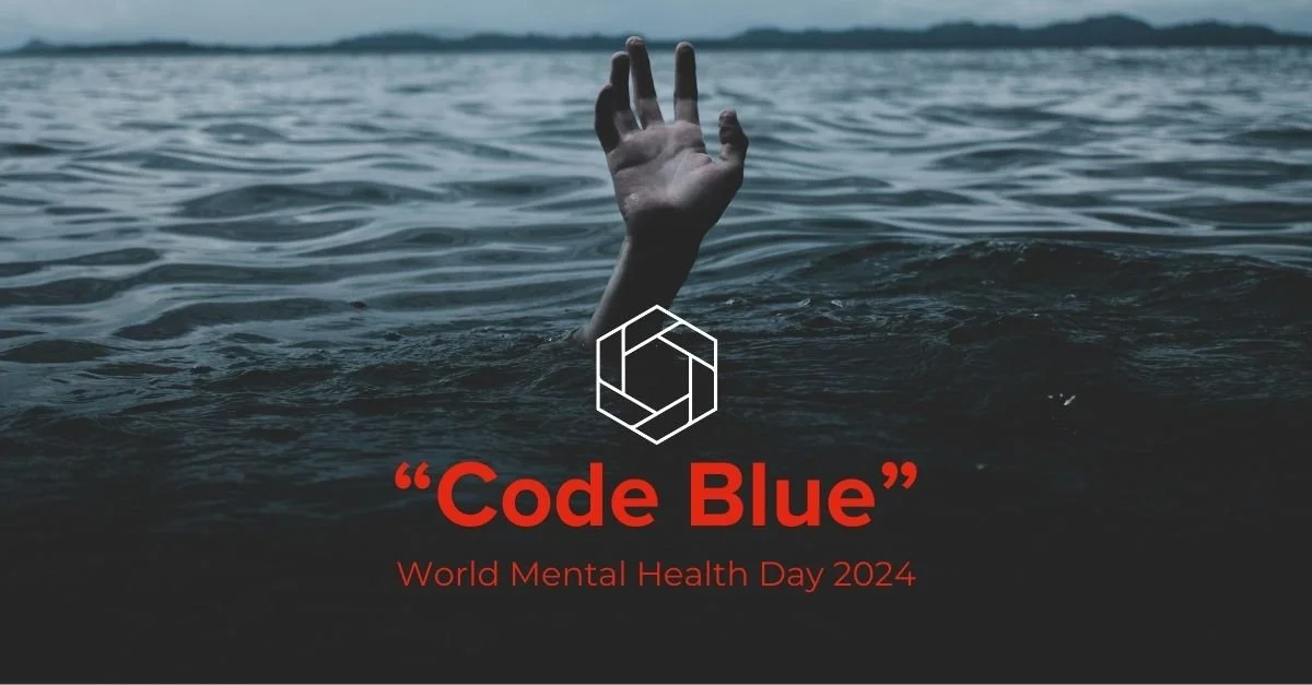 A hand reaching out of water with text "Code Blue" and "World Mental Health Day 2024" in red.