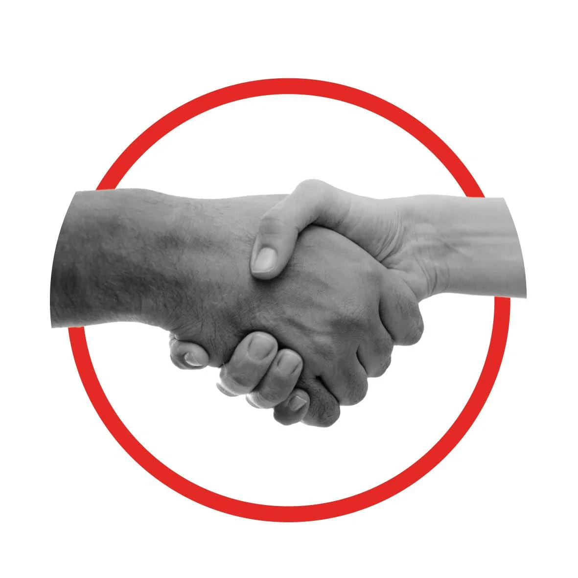 Two hands shaking inside a red circle on a white background, symbolizing agreement or partnership.