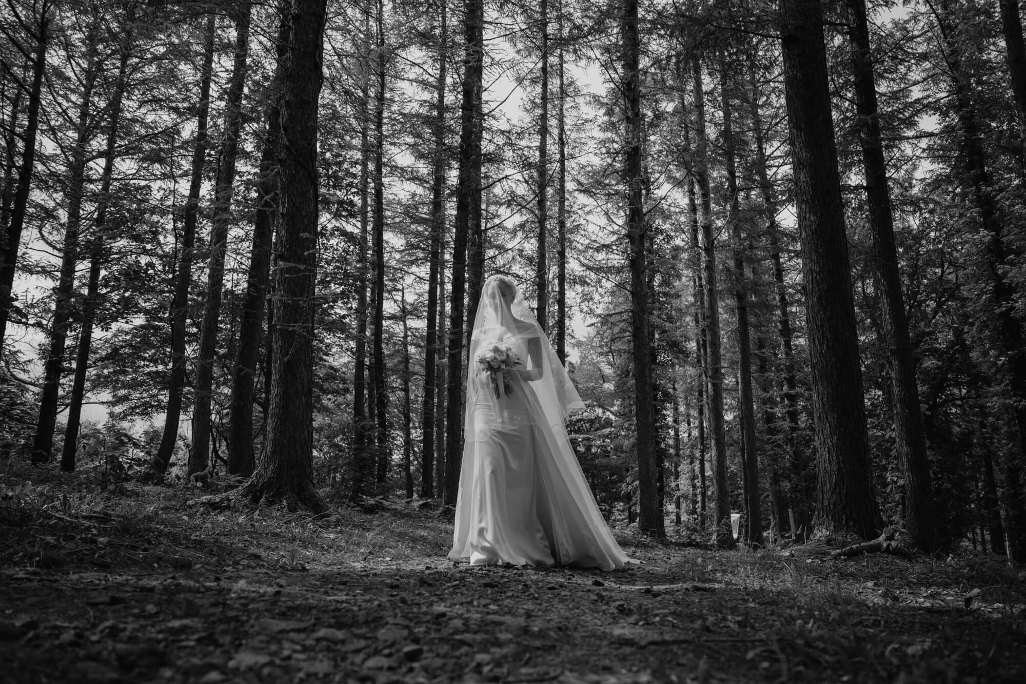 Black and white photo of bride in veil