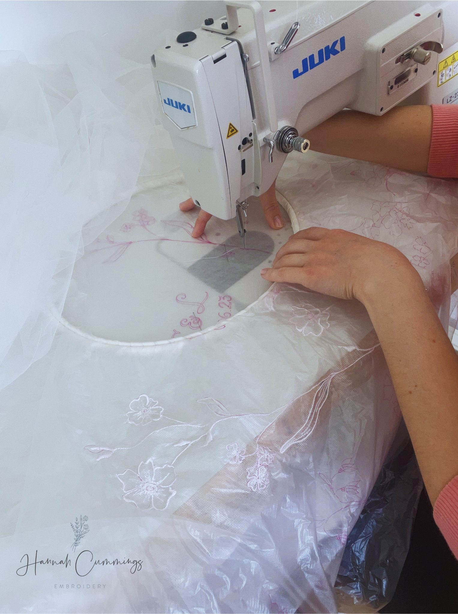 Embroidery being sewn on irish machine