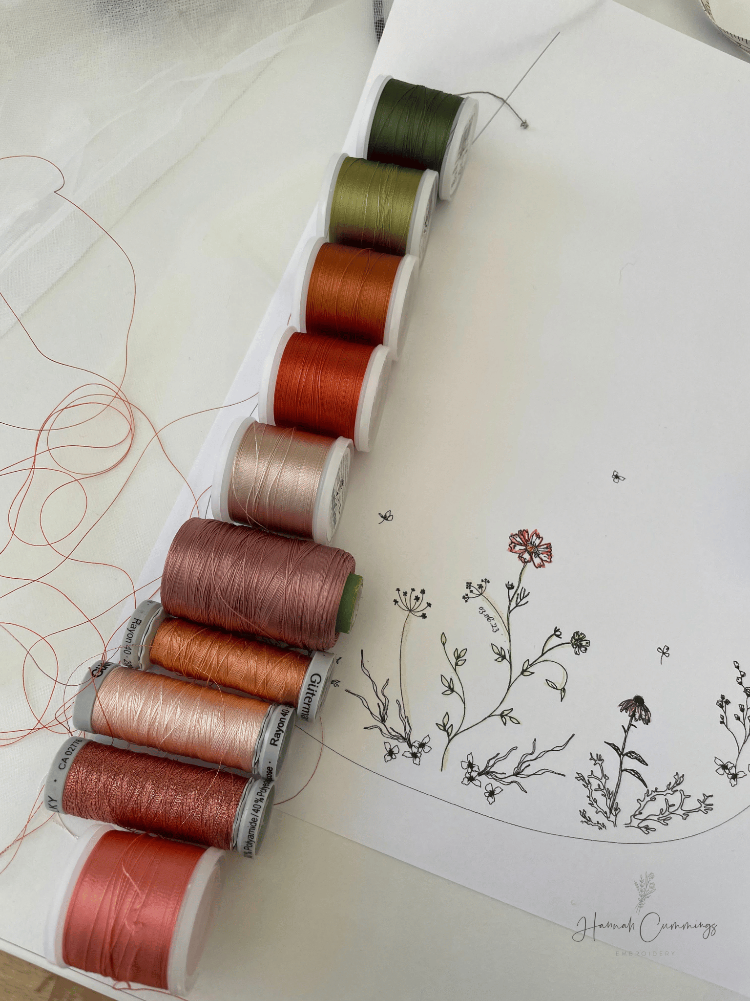  Colourful spools of thread with embroidery artwork 