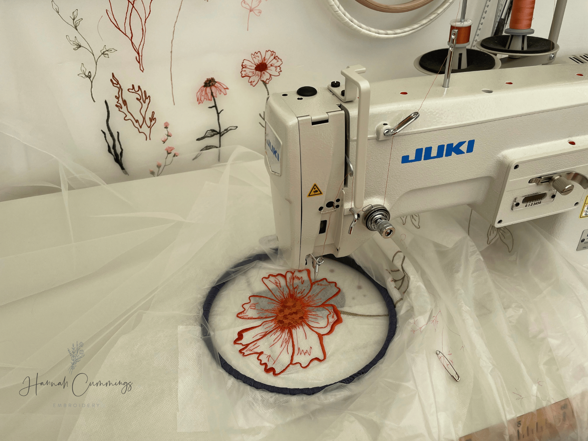  Embroidered flower being stitched at sewing machine 