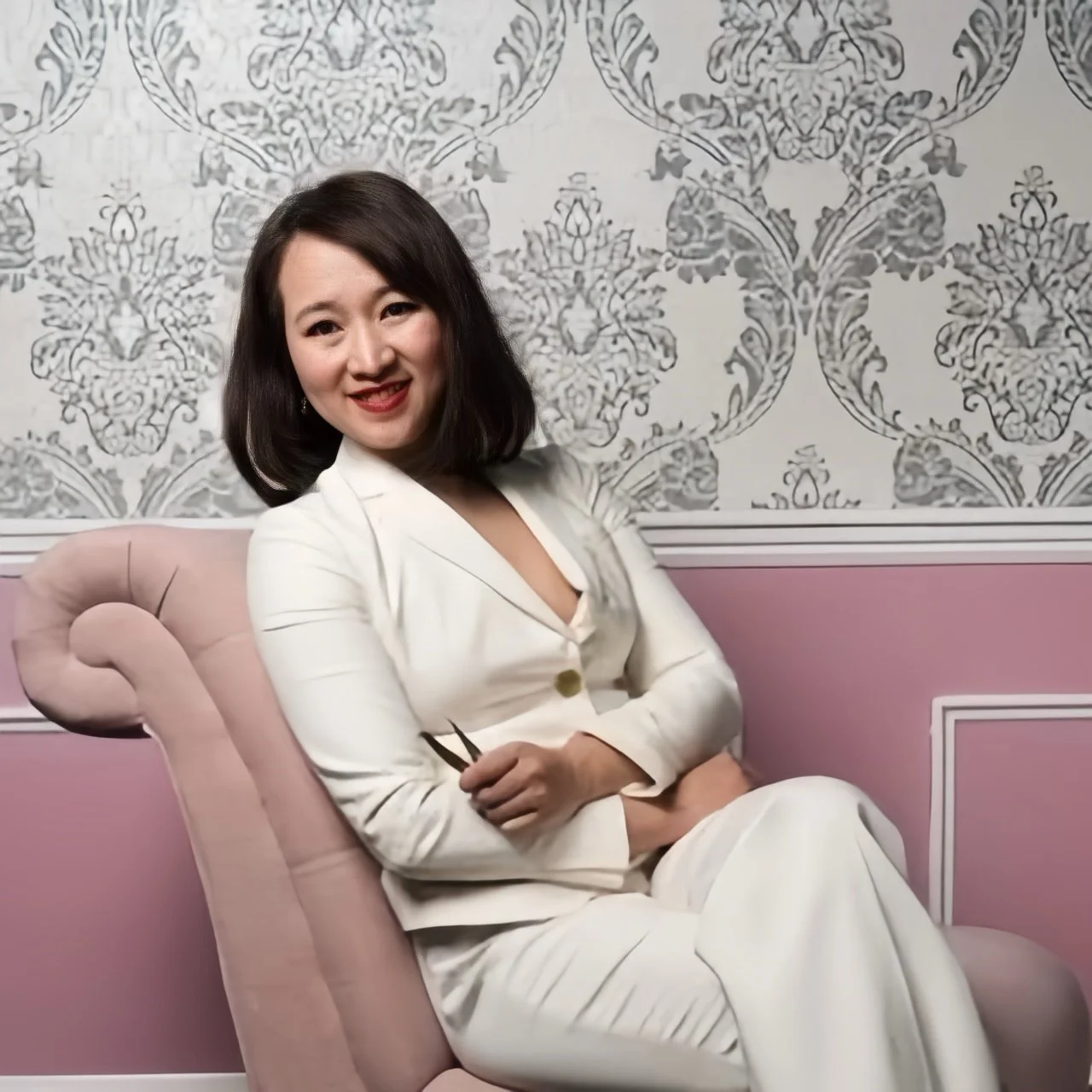 A woman with shoulder-length dark hair sitting on a pink tufted chair, wearing a white suit, in a room with pink and patterned gray wallpaper.