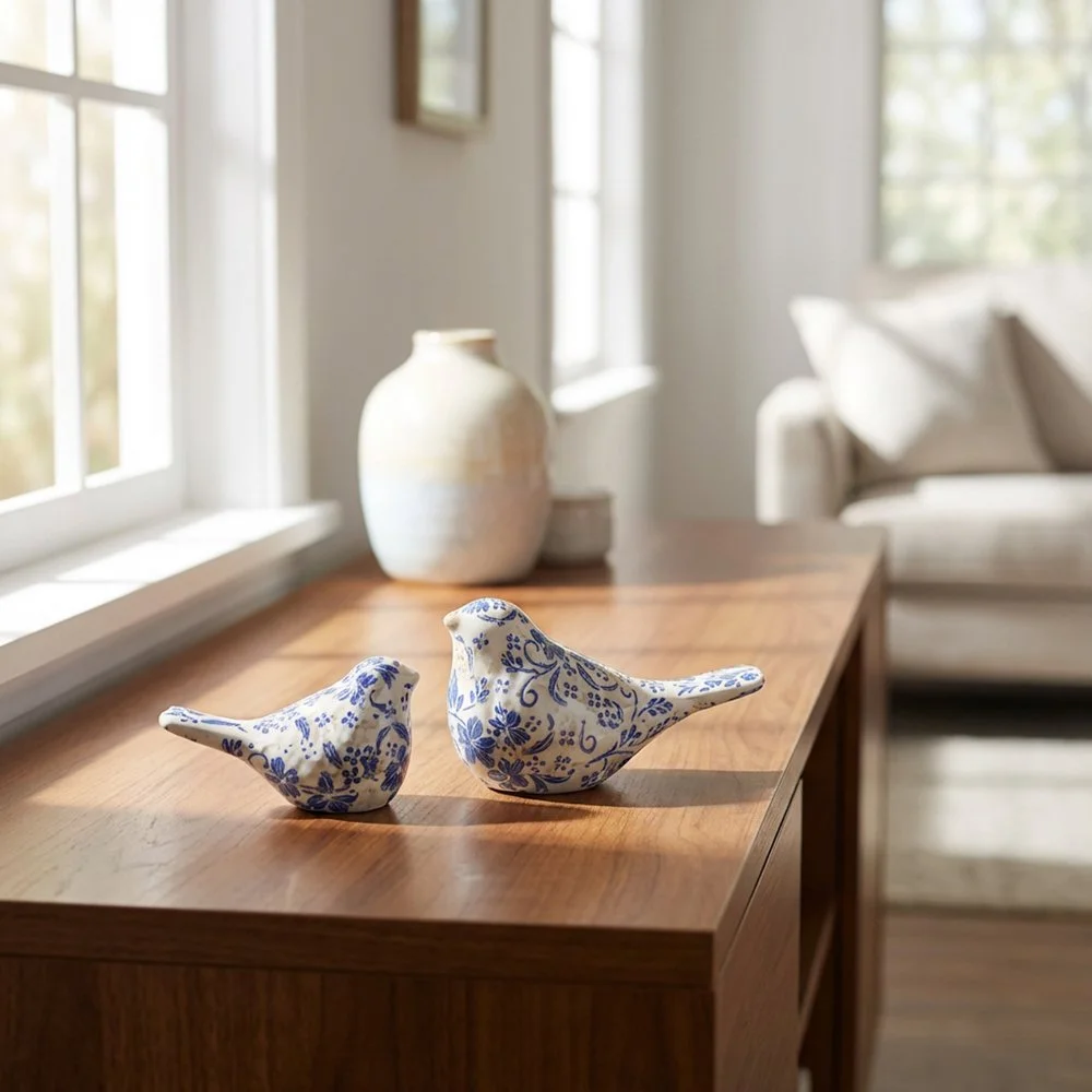 Blue & White Hand-Painted Ceramic Birds - Set of Two
