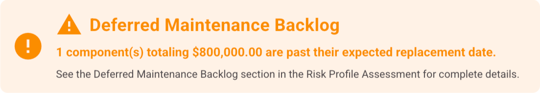 Warning message stating that 1 component worth $800,000.00 is past its expected replacement date in the Deferred Maintenance Backlog section of the Risk Profile Assessment.