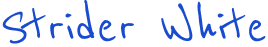 Text that reads 'strider White' in blue handwriting on a black background.