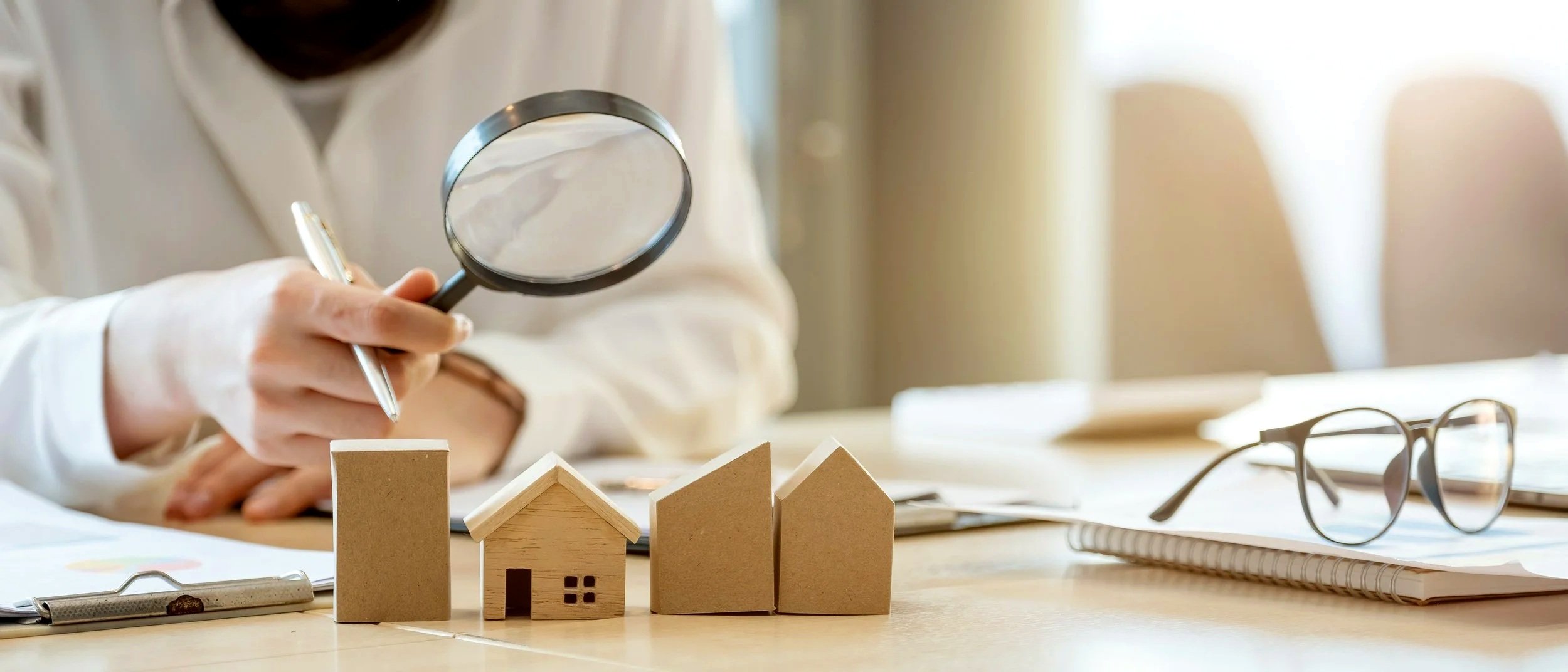 Person holding a magnifying glass and pen, examining small cardboard house models on table, alongside eyeglasses, notebooks, and documents.