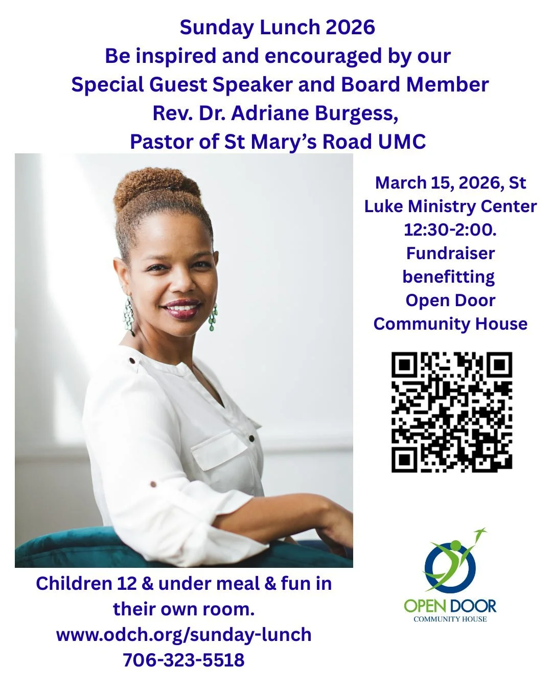 Do not miss this opportunity to hear Adriane speak! She is a dynamic and inspiring person one-on-one, but when she is speaking to a group - WOW! Come join us around the table on Sunday, March 15, @ St Luke Ministry Center. Use the QR code or visit ou