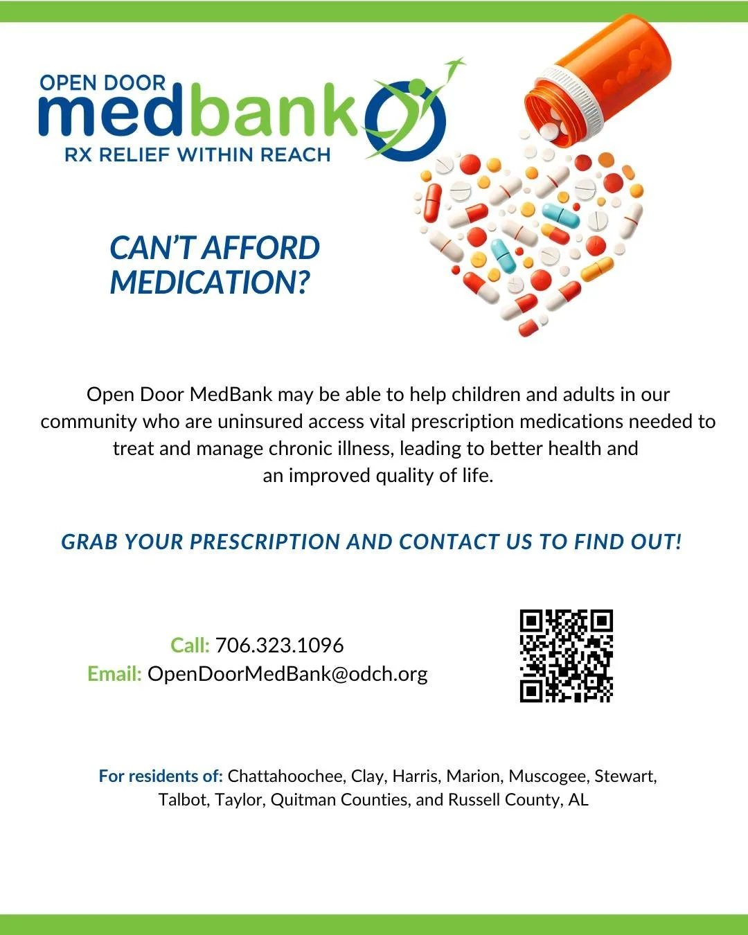 Have you heard about our latest program ministry? Medbank is Rx relief within reach. Can't afford your prescription medication? Open Door Medbank may be able to help! Grab your prescription and contact us to find out. 706-323-1096 or email us at Open