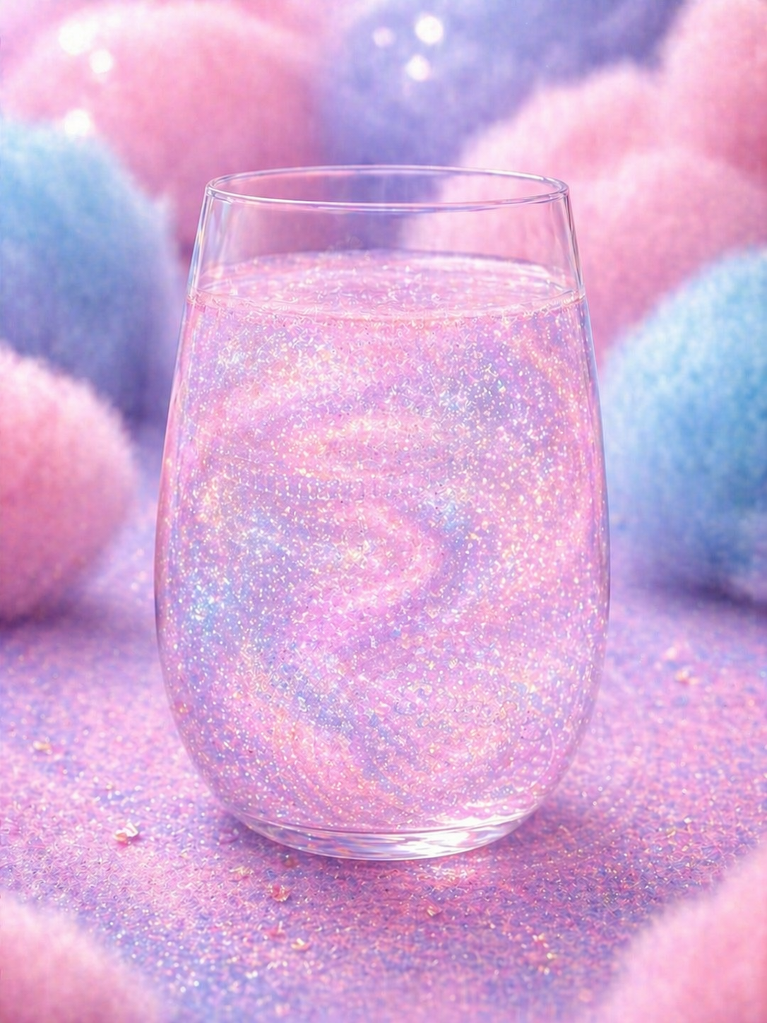 A glass of pink, glittery liquid on purple and pink fuzzy surface with large, soft, round objects in pastel colors in the background.