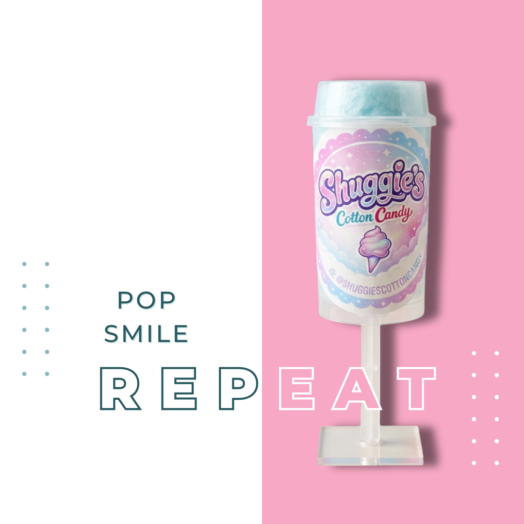 A pink and white graphic design featuring a Shuggie's Cotton Candy ice cream treat on a stand, with the words "POP SMILE REPEAT" arranged around it, emphasizing positivity and fun.
