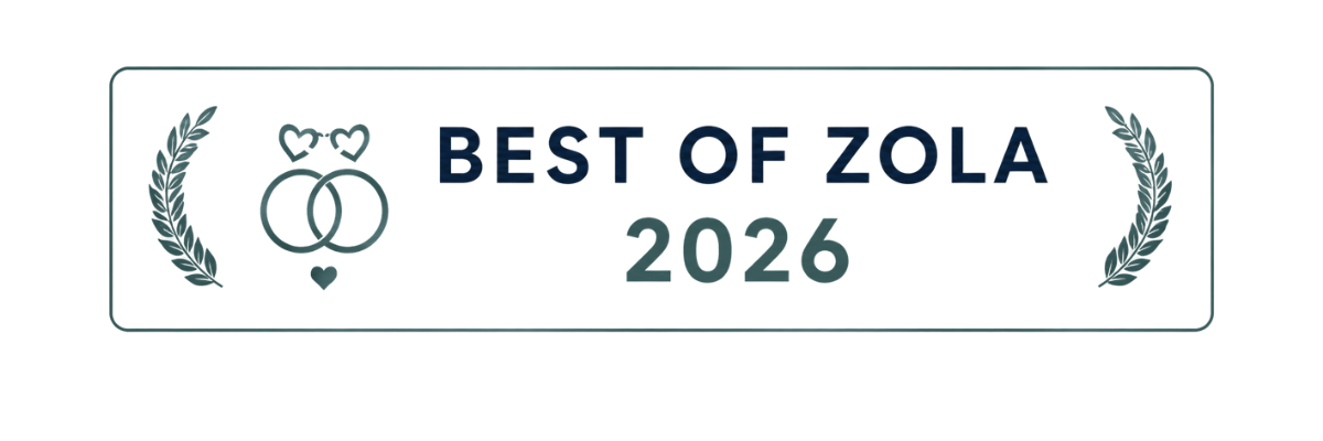 Decorative badge titled 'Best of Zola 2026' with intertwined wedding rings and laurel branches.
