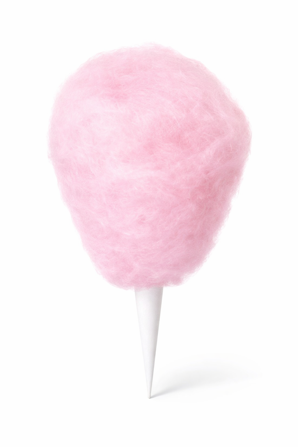 Close-up of a pink cotton candy on a white stick against a white background.