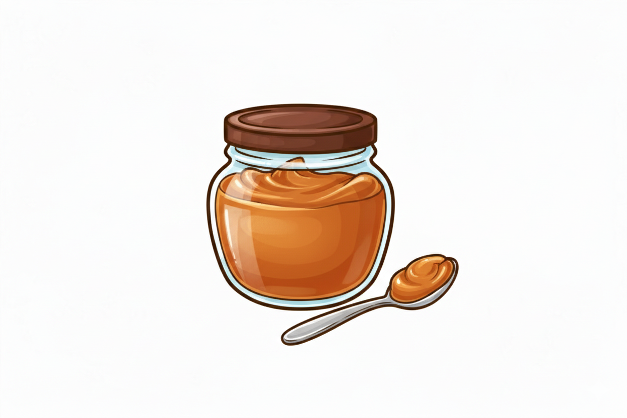 A jar of caramel with a spoon of caramel beside it.