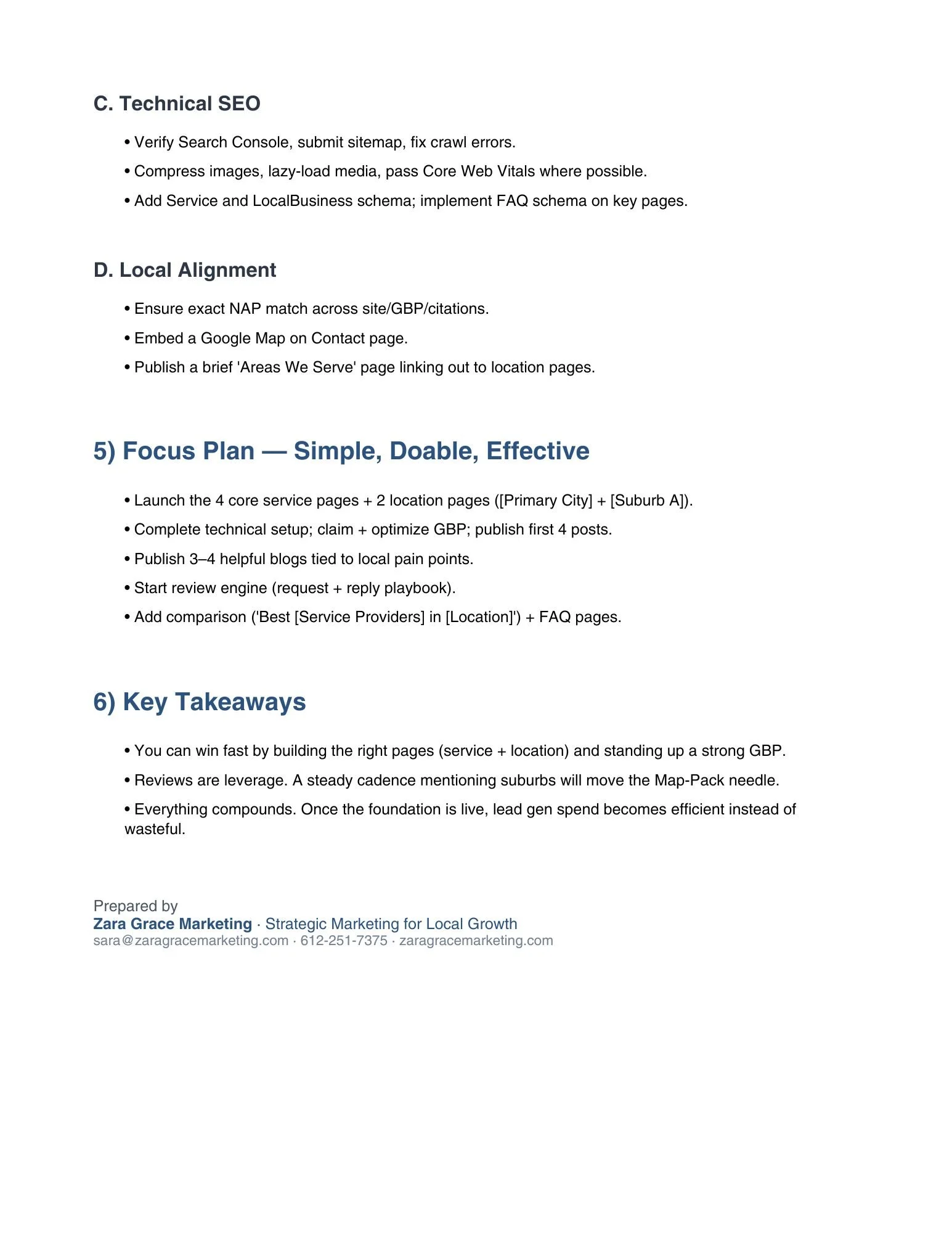 A document outlining a marketing and SEO strategy, including sections on Technical SEO, Local Alignment, Focus Plan, and Key Takeaways.