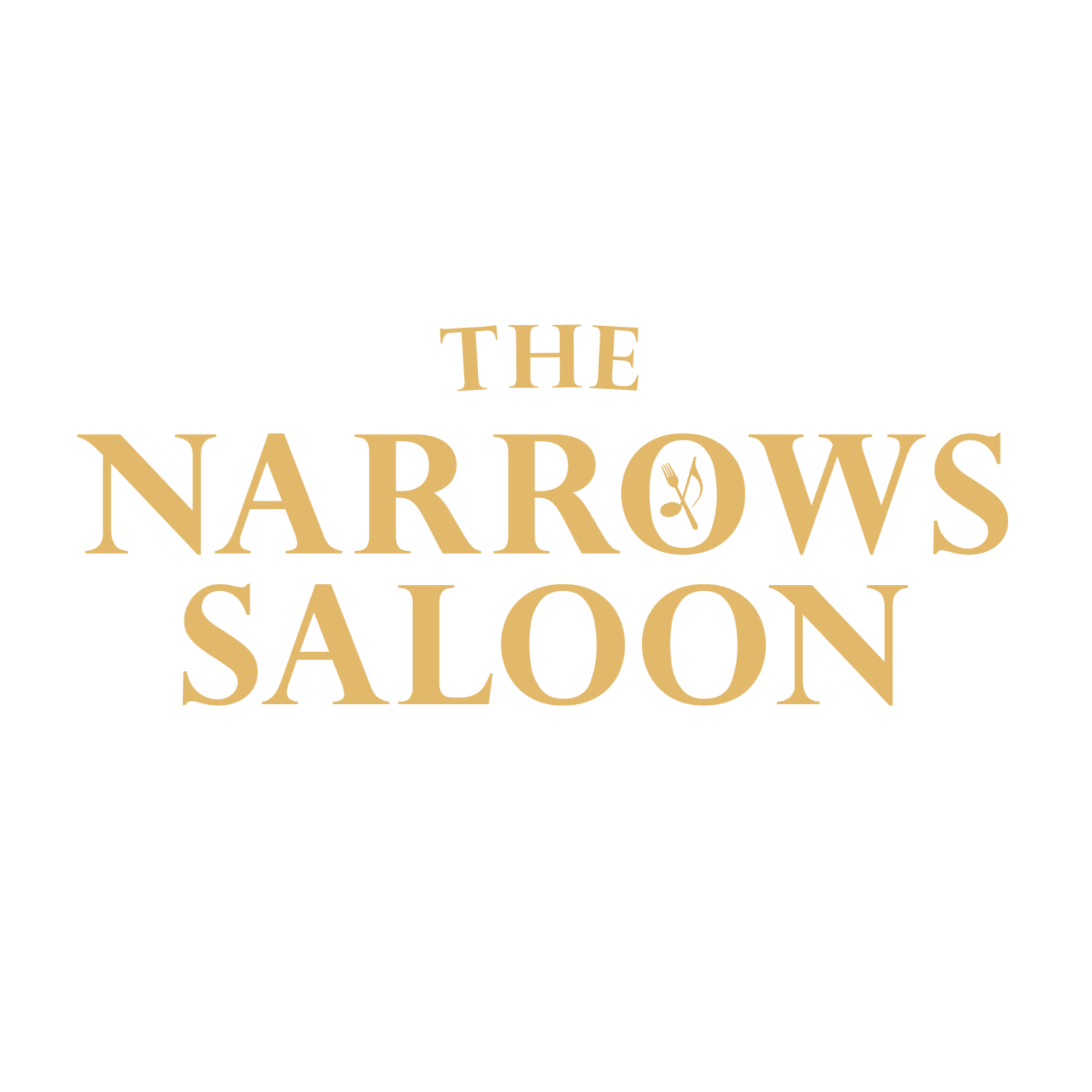 Black background with gold text that reads 'The Narrows Saloon' with a small leaf graphic inside the letter 'O' in 'Narrows'.