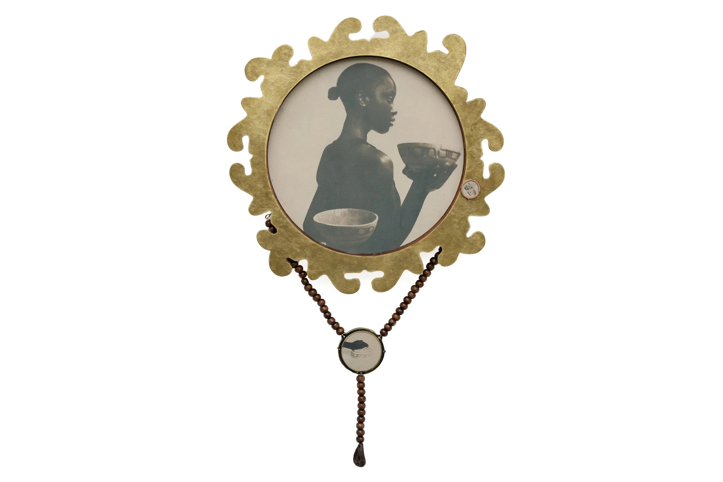  Impermanence, 2026  Patinated Bronze, Carved Sapele, Patinated Copper,  Wood beads, Cyanotype  14.2 x 7.1 x 0.3 cm   