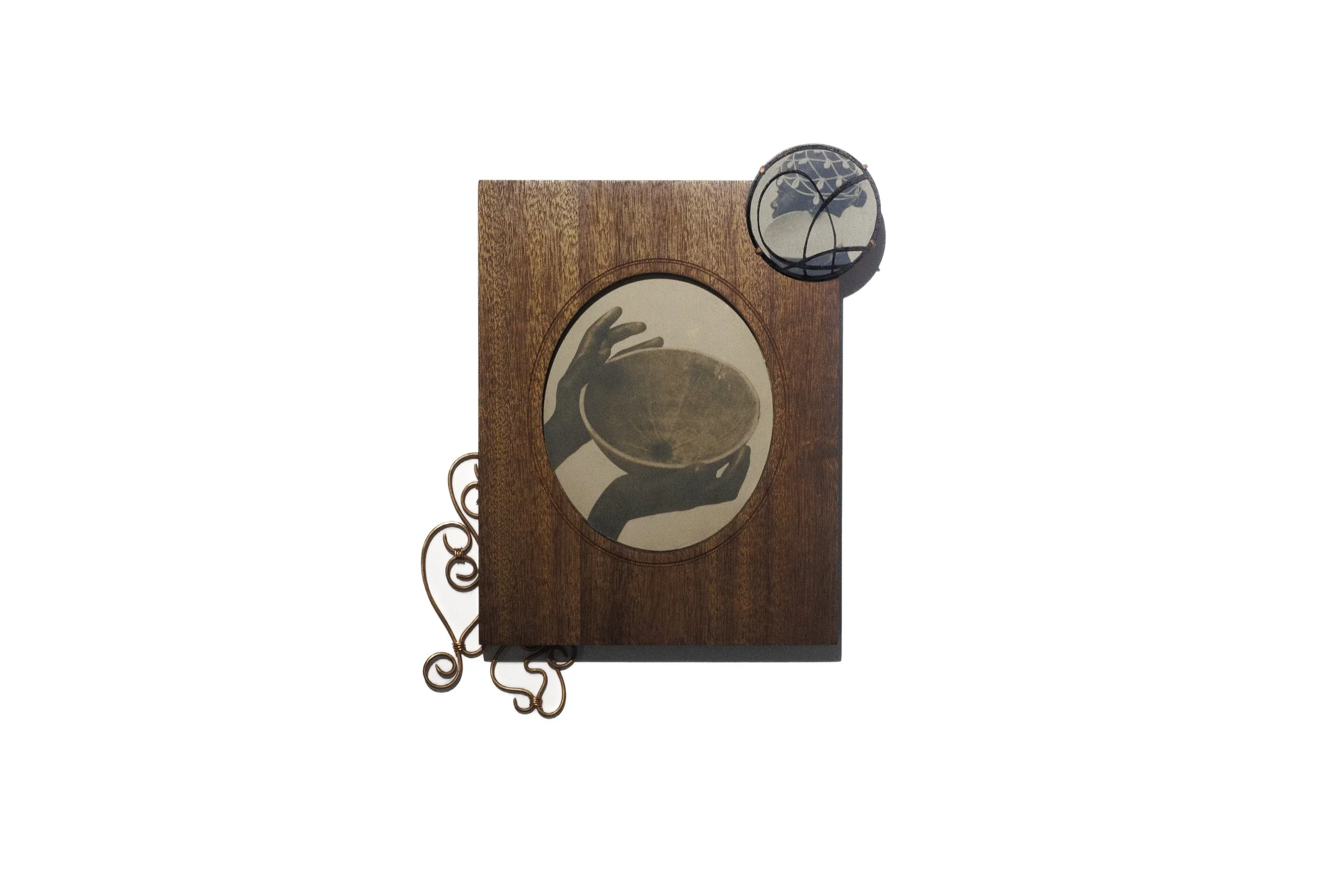  Quintessence, 2026   Carved Sapele, Patinated Copper, Cyanotype Print  23 x 26 x 4 cm 