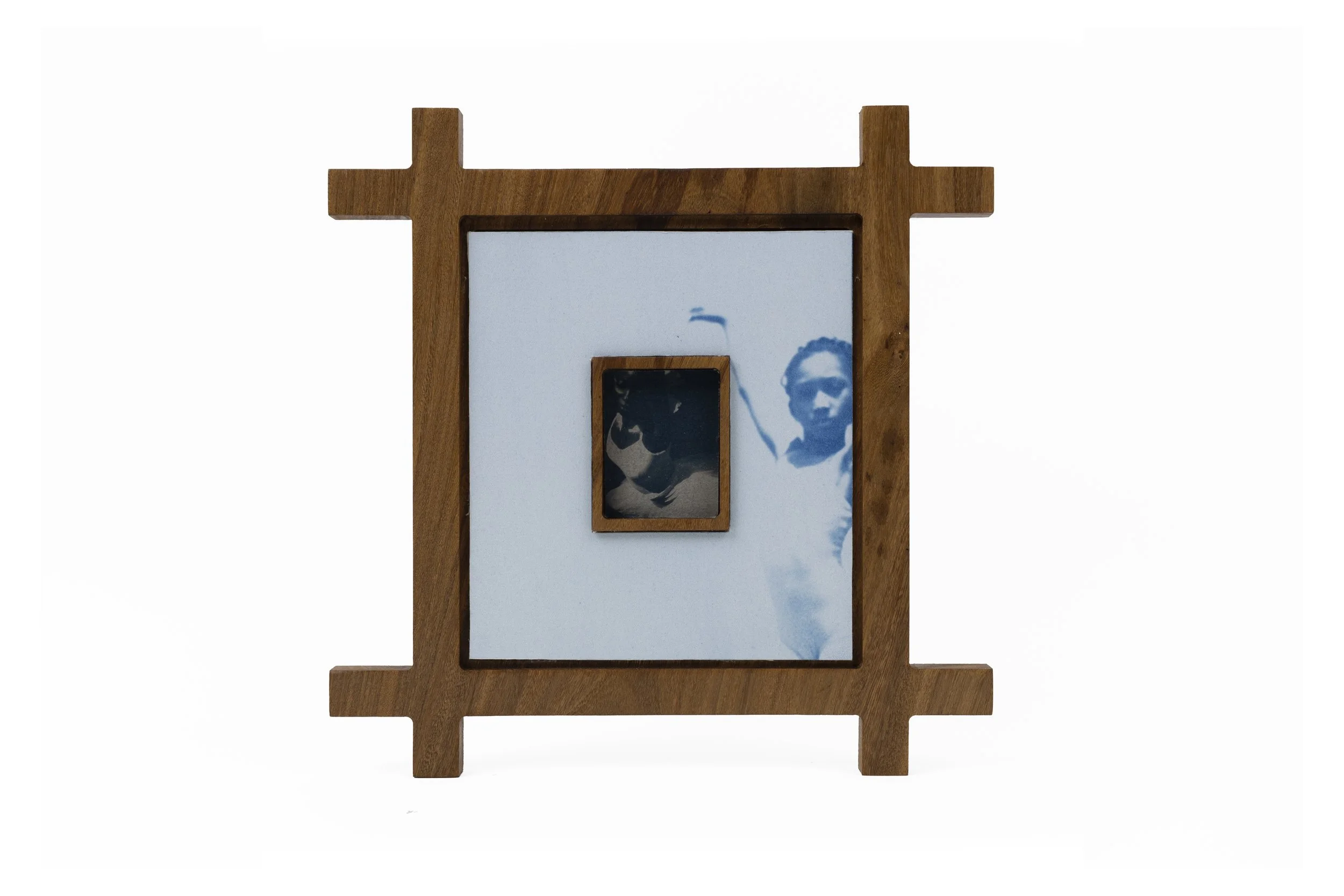   The weight of wings,  2026  Cyanotype, Wood, Paper  27 x 28 cm 