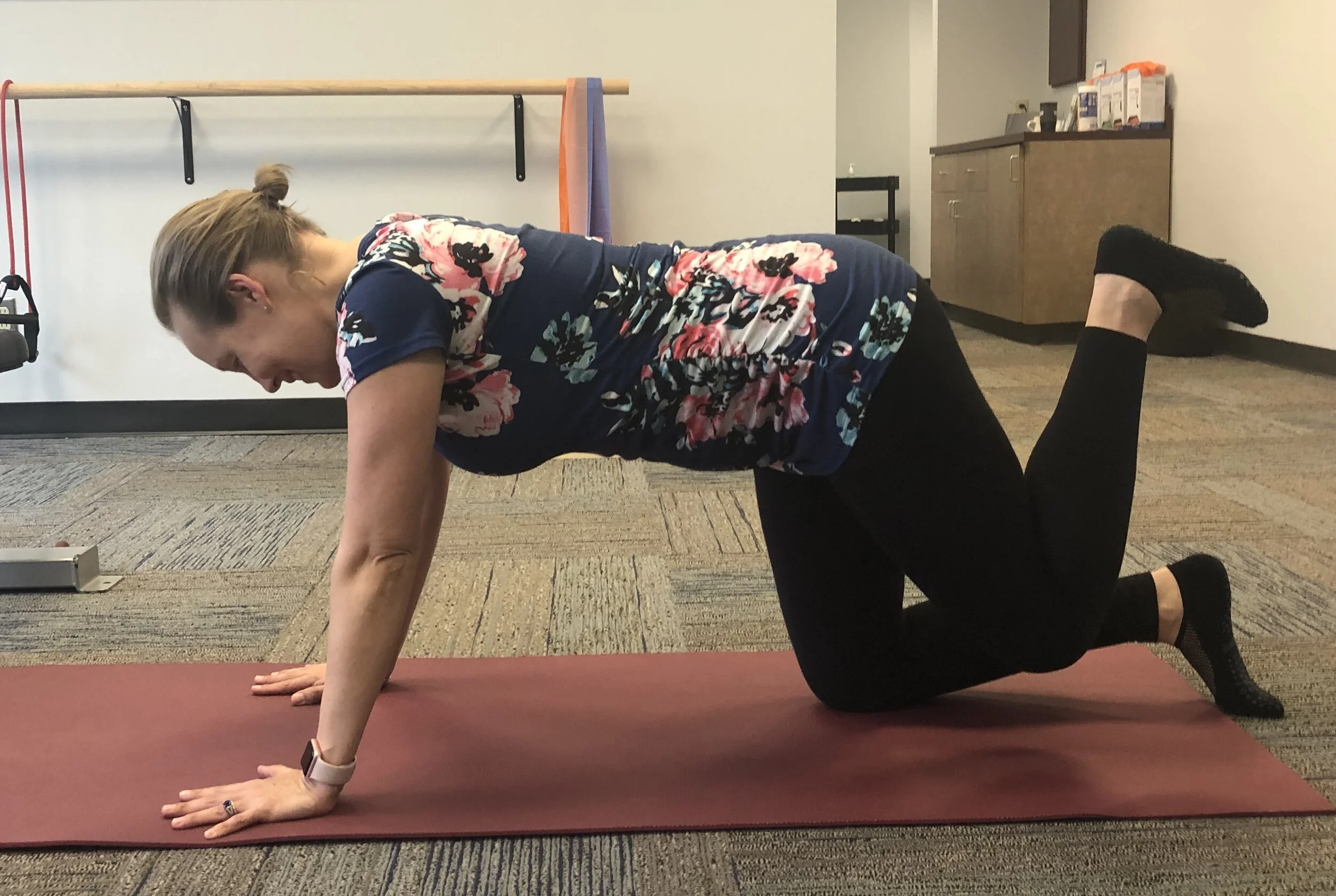 Quadruped hip extension for gluteal strengthening, a common exercise completed in class.