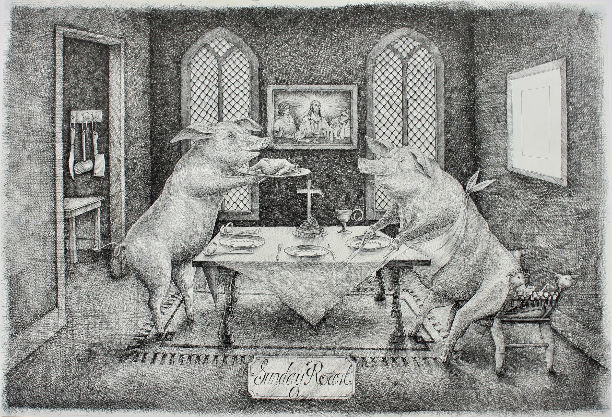 ‘Sunday Roast, Twisted Tail’ Pen and Ink, 1982. Made after the trial to my dismay my case was never mentioned. The story disappeared from the headlines. My story went cold. On Sundays everything was closed, the boredom made me stew on my situation.