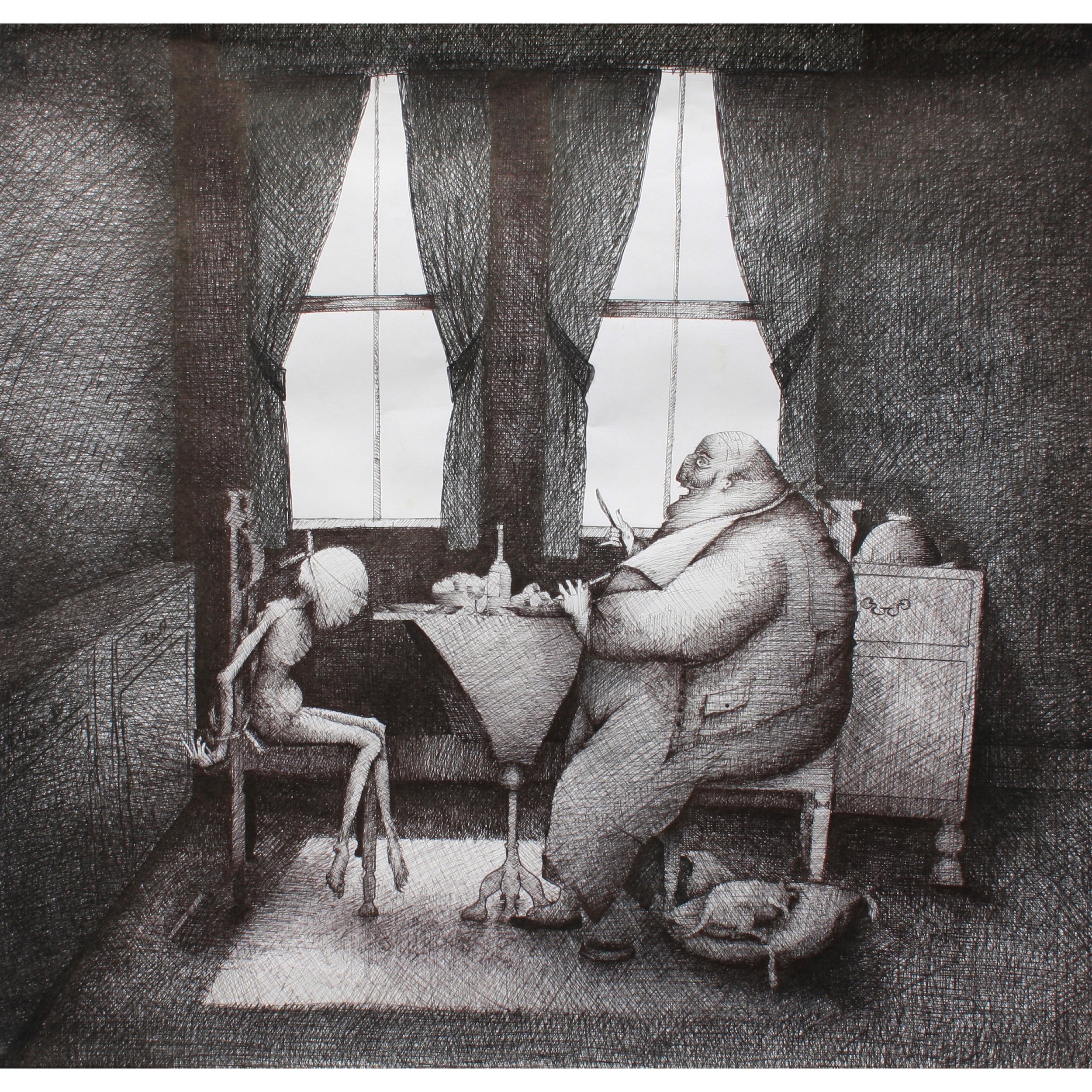 'Silenced Survivor Starved of the Truth' Pen and Ink, 1981. I was lucky to have survived and that's how I went on with my life but parts of me felt gagged and blinded as I had no one to blame. I became a dumbfounded onlooker onto the world. The fat